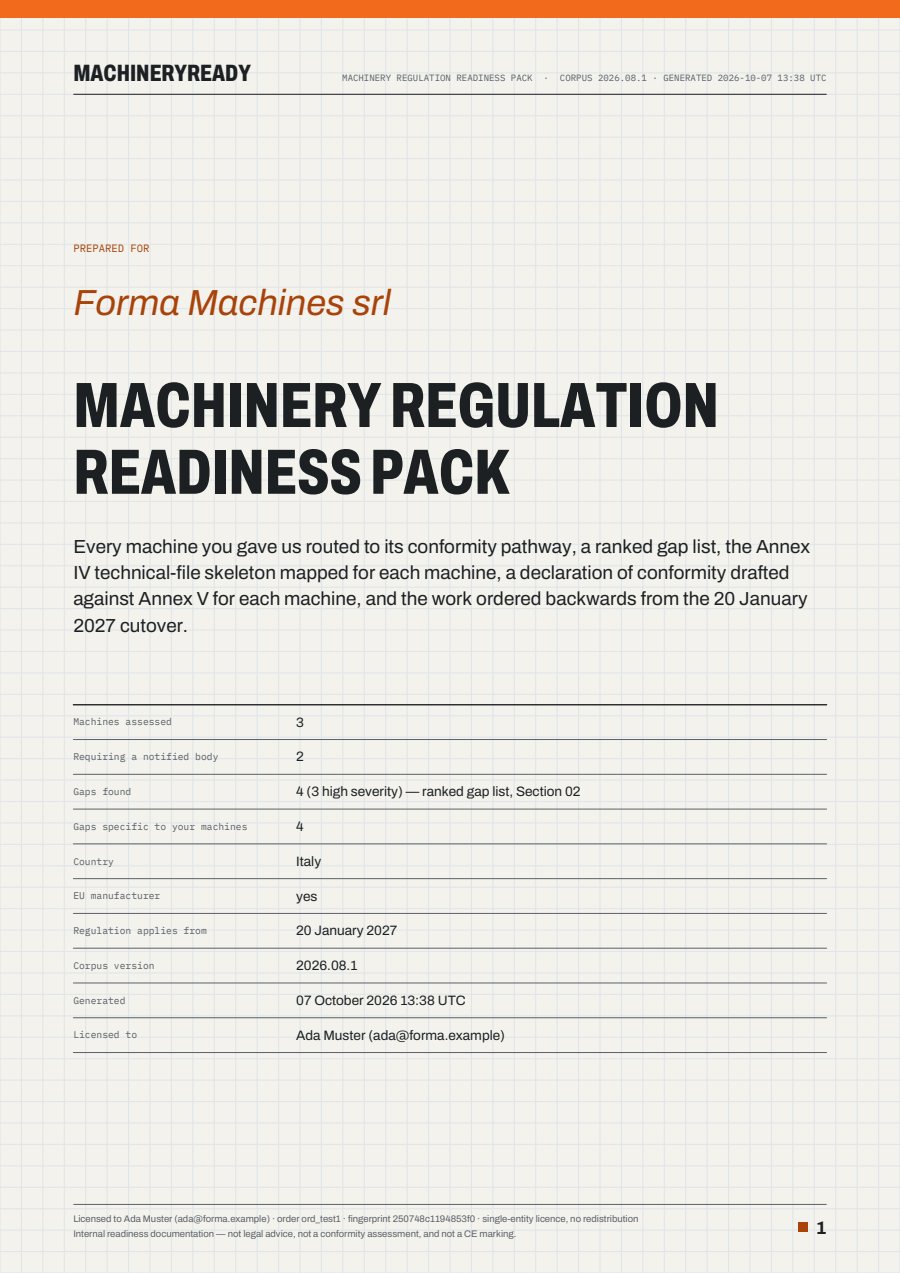 Sample pack cover: MachineryReady Machinery Regulation readiness pack, prepared for a fictional manufacturer