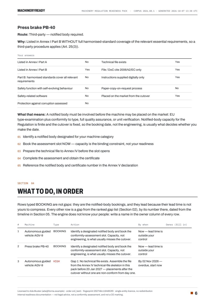 Sample pack page: what to do, in order, with deadlines against the 20 January 2027 cutover